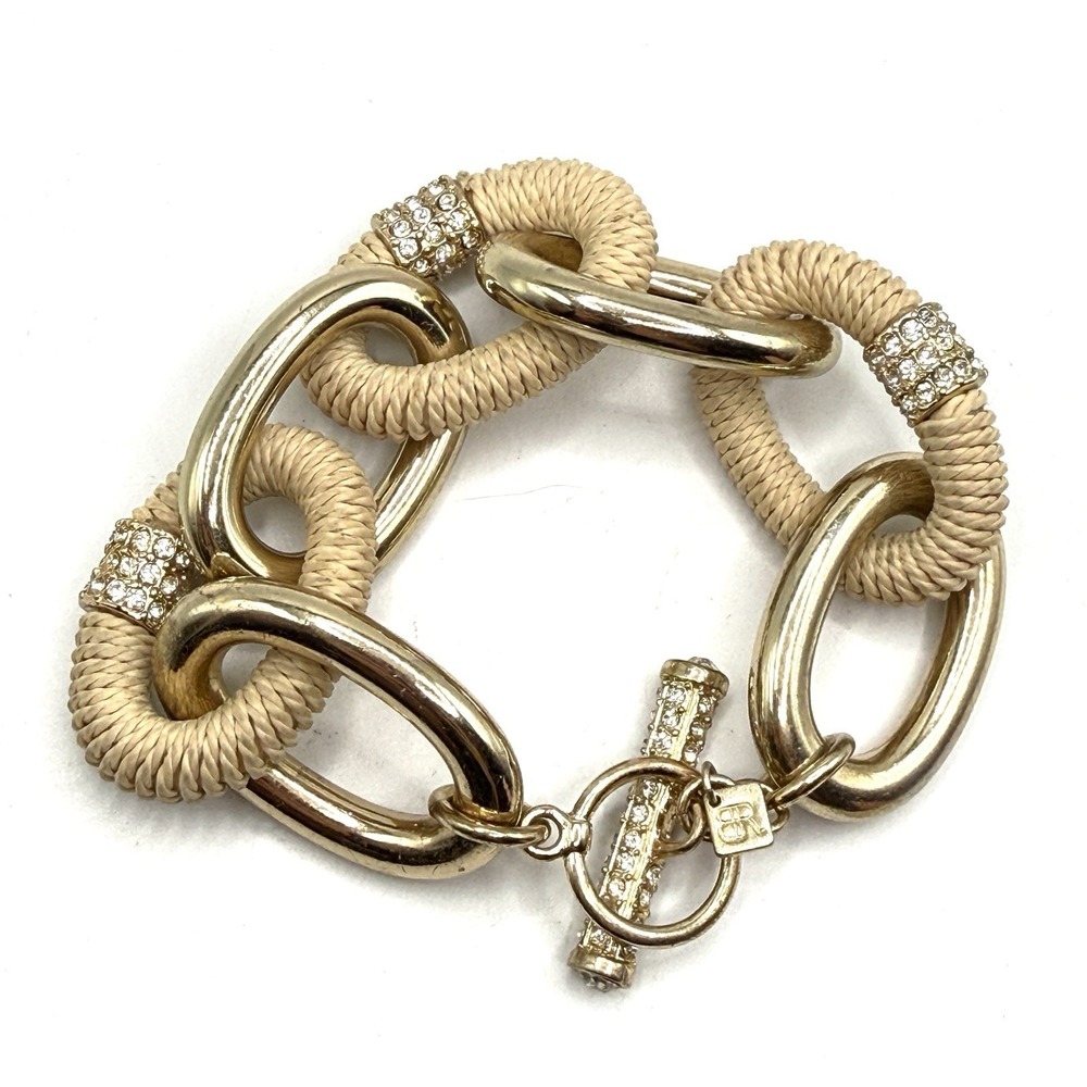 Banana Republic Gold Tone Twine Wrapped w/ Rhinestone‎ Chunky Link Bracelet 6.5"